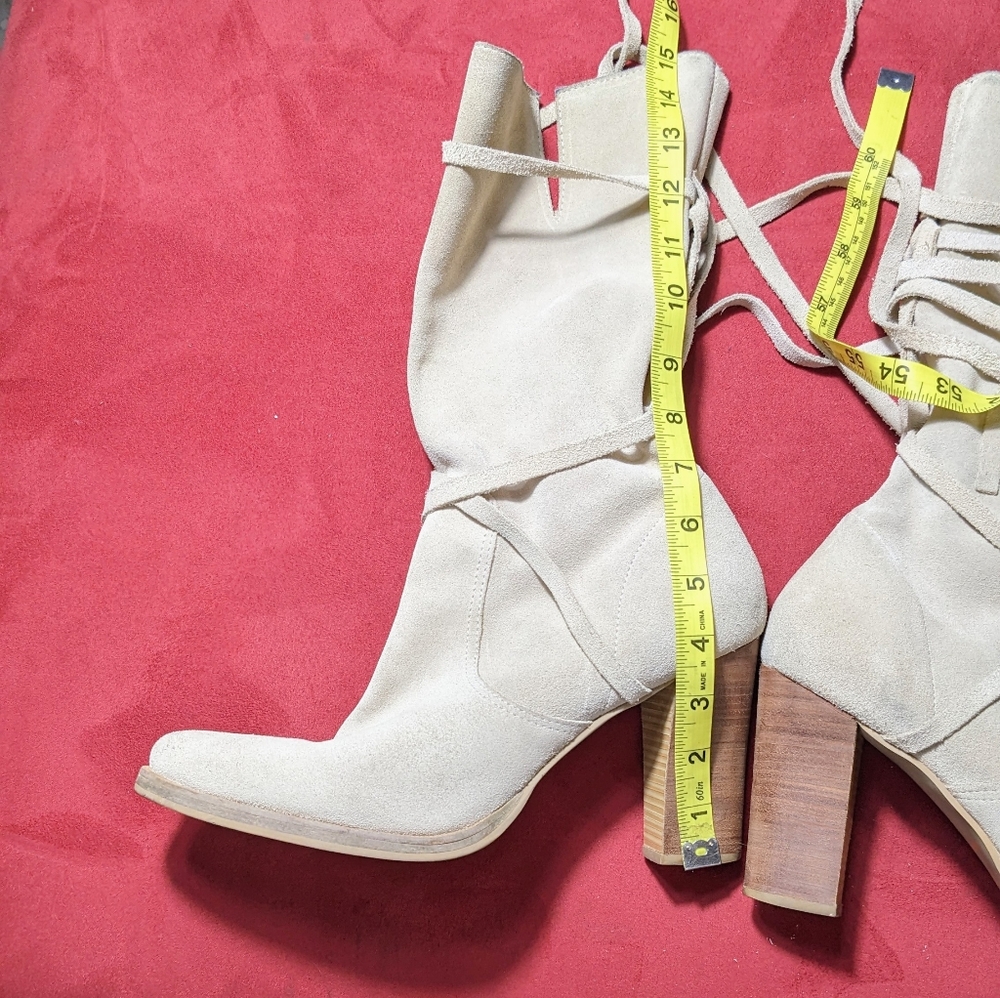 Women's CANDIE'S Cream Suede Heeled Boots, Suede Strap Wrap| Size‎ 9 - Picture 3 of 9